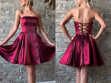 Promfast Strapless Burgundy Satin Short Homecoming Dresses, Party Dresses HZ0527
