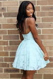 Promfast Cute A Line V Neck Lace Light Mint Green Short Homecoming Dress, Sweet 16 Dresses HZ0527