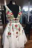 Promfast White Lace V Neck Homecoming Dresses with Floral Print Backless Short Prom Dresses HZ0527