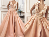 Promfast A line Pink V Neck Prom Dresses with Slit Lace Appliques Prom Gowns HZ0527