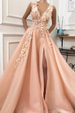 Promfast A line Pink V Neck Prom Dresses with Slit Lace Appliques Prom Gowns HZ0527