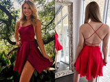 Promfast Cute Red Satin A line Cross Back Spaghetti Straps Homecoming Dresses HZ0527