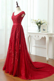 Promfast A Line Red V Neck Long Lace Prom Dresses with Cap Sleeves HZ0527
