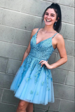 Promfast Light Blue Lace A Line V Neck Homecoming Dresses, Graduation Dress HZ0527