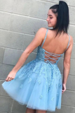 Promfast Light Blue Lace A Line V Neck Homecoming Dresses, Graduation Dress HZ0527