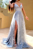 Promfast A Line Glittering Sexy Engagement Prom Dress V Neck Sleeveless Sequin Split Evening Dress HZ0527