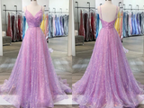 Promfast Shiny V Neck Backless Lilac Prom Dresses with Straps, Formal Dresses, Purple Evening Dresses HZ0527