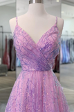 Promfast Shiny V Neck Backless Lilac Prom Dresses with Straps, Formal Dresses, Purple Evening Dresses HZ0527
