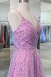 Promfast Shiny V Neck Backless Lilac Prom Dresses with Straps, Formal Dresses, Purple Evening Dresses HZ0527