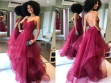 Promfast Shiny V Neck Backless Burgundy Prom Dress, Backless Maroon Formal Evening Dress HZ0527
