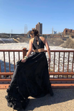 Promfast Beautiful Black Satin Prom Dresses Modest A Line Party Gowns HZ0527