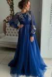 Promfast Charming A Line Long Sleeve Tulle Appliques Prom Dresses, Long Evening Dresses HZ0527