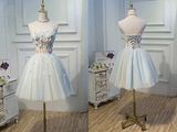 Promfast Cute Blue Strapless Tulle Homecoming Dresses with 3D Flowers Lace up Dance Dresses HZ0527