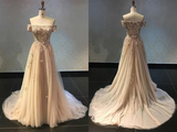 Promfast Luxury Tulle Off The Shoulder Neckline A Line Prom Dresses With Beaded Appliques HZ0527