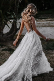 Promfast Deep V Neck A Line Lace Wedding Dresses With Slit, Spaghetti Straps Long Bridal Gowns HZ0527