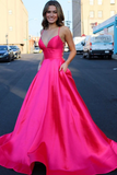 Promfast Cute A line Deep V neck Lace up Pink Satin Long Prom Dresses HZ0527