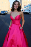 Promfast Cute A line Deep V neck Lace up Pink Satin Long Prom Dresses HZ0527