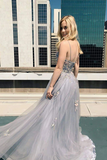 Promfast New A line Spaghetti Straps Grey Tulle Prom Dresses HZ0527