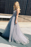 Promfast New A line Spaghetti Straps Grey Tulle Prom Dresses HZ0527