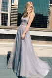Promfast New A line Spaghetti Straps Grey Tulle Prom Dresses HZ0527