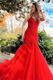 Promfast Chic Mermaid Red Spaghetti Straps V Neck Applique Prom Dress Tulle Evening Dress HZ0527