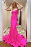 Promfast Hot Pink Mermaid Satin Lace Up Back Long Prom Dresses, Evening Dress HZ0527