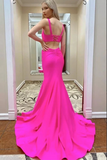 Promfast Hot Pink Mermaid Satin Lace Up Back Long Prom Dresses, Evening Dress HZ0527
