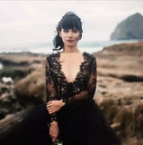 Promfast Chic V neck Black Wedding Dress Lace Open Back Long Sleeve Wedding Dresses Bridal Gowns HZ0527