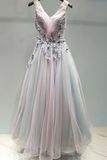 Promfast Beautiful Prom Dress A line V neck Applique Ombre Tulle Long Prom Dresses Evening Dress HZ0527