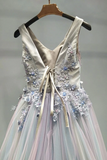 Promfast Beautiful Prom Dress A line V neck Applique Ombre Tulle Long Prom Dresses Evening Dress HZ0527
