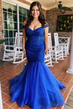 Promfast Chic Mermaid Off The Shoulder Royal Blue Prom Dress Tulle Evening Dresses HZ0527