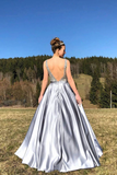 Promfast A Line Satin V Neck Beading Long Prom Dress V Back Evening Dresses HZ0527