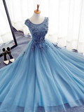 Promfast Chic A line Scoop Beaded Long Prom Dress Tulle Applique Evening Party Dress HZ0527