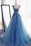 Promfast Chic A line Scoop Beaded Long Prom Dress Tulle Applique Evening Party Dress HZ0527