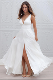Promfast Deep V Neck Side Slit Wedding Dresses,Simple V Back Beach Wedding Gown HZ0527