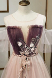 Promfast Unique A Line Tulle Applique Long Prom Dress Formal Evening Dress HZ0527
