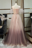 Promfast Unique A Line Tulle Applique Long Prom Dress Formal Evening Dress HZ0527
