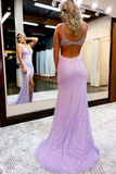 Promfast Chic A Line V Neck Sparkly Long Prom Dresses Sleeveless Evening Dress With Split HZ0527