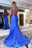 Promfast Chic A line Simple Double Spaghetti Straps Blue Prom Dresses Split Long Evening Dresses HZ0527
