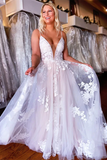 Promfast A line Spaghetti Straps Applique Wedding Dress Backless Tulle Bridal Dress HZ0527