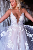 Promfast A line Spaghetti Straps Applique Wedding Dress Backless Tulle Bridal Dress HZ0527
