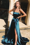 Promfast Simple Dark Green Satin A line Backless Long Prom Dresses with High Slit HZ0527