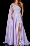 Promfast A Line One Shoulder Satin Split Front Floor Length Prom Dress HZ0527