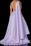 Promfast A Line One Shoulder Satin Split Front Floor Length Prom Dress HZ0527