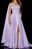 Promfast A Line One Shoulder Satin Split Front Floor Length Prom Dress HZ0527