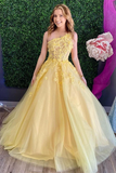 Promfast Chic A Line One Shoulder Yellow Tulle Sleeveless Prom Dress Applique Long Evening Dress HZ0527