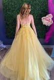 Promfast Chic A Line One Shoulder Yellow Tulle Sleeveless Prom Dress Applique Long Evening Dress HZ0527
