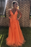 Promfast A Line V Neck Backless Lace Appliques Orange Prom Dresses, Formal Dresses HZ0527
