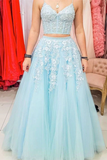 Promfast Chic A Line Spaghetti Straps Two Pieces Prom Dresses Lace Tulle Evening Dress HZ0527