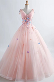 Promfast Pink Princess Blush Ball Gown 3D Floral Applique V Neck Boho Prom Quinceanera Dress HZ0527